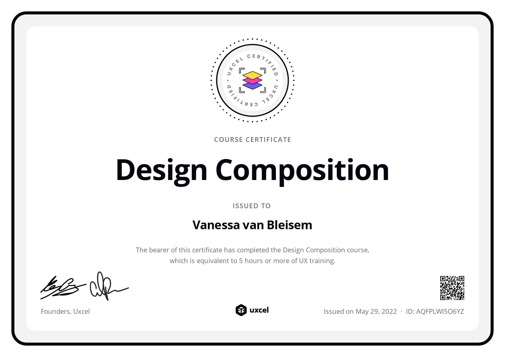 Vanessa van Bleisem's certificate